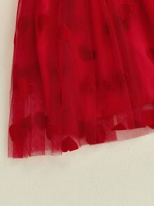 Kid Girl Tulle Dress Heart/Bow Print Flying Sleeve Suspender A-Line Dress For Spring Summer - 紅色 - 查看 6