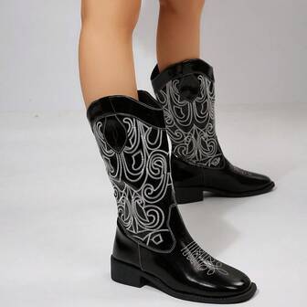 New Vintage European & American Style Embroidered High-Top Cowboy Boots For Women, Chunky Heel Western Riding Boots