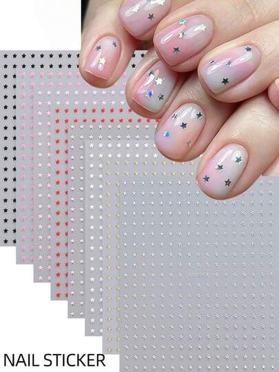8pcs Metallic Gold & Silver Mini Star Nail Art Stickers, 8 Different Sizes 3D Self-Adhesive Tiny Star Nail Decals, Suitable For Women And Girls (Gold, Silver, White, Black, Rose Red, Pink, Red, Laser Silver)