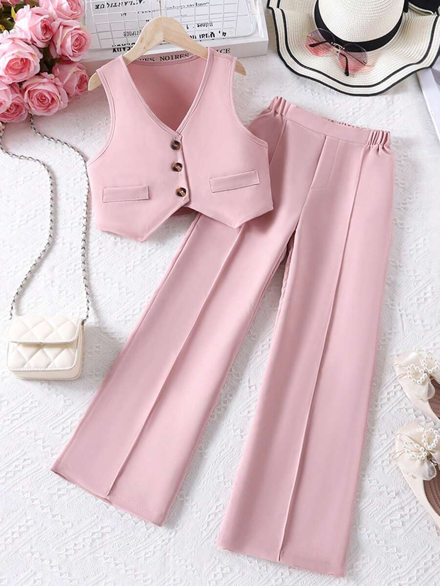 2pcs Tween Girl French Chic Outfit - Top & Suit Pants, Fashionable & Versatile - Pink - View 1
