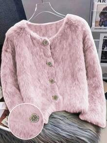 时尚粉色蓬松针织开衫，长袖设计，饰有优雅纽扣细节，专为女性打造 - 粉色 - 查看 1