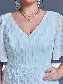 Mgiacy-流行、V领、亮片、蕾丝、喇叭袖、鱼尾、修身、拖尾、长裙 - 白色 - 查看 8