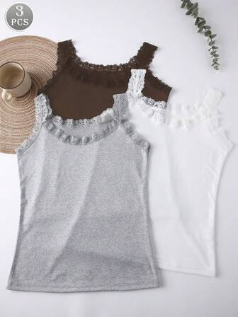 3 piezas Camiseta de tirantes de mujer con cuello redondo, sin mangas, con parches y adorno de encaje en unicolor, de peso ligero