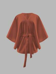 Women's Winter Solid Color Fabric Tie Waist Belt Bowknot Elegant Dating Formal Dinner Winter Shawl Winter Cape Winter Coat New Year Coat - Brown - View 3