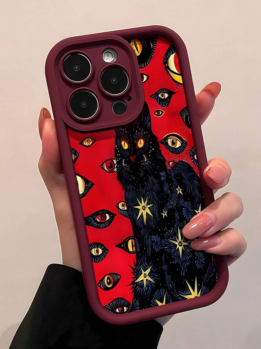 Funda para teléfono con diseño de gato negro con ojos estrellados y temática de noche cósmica. Compatible con teléfonos , 17, 16 Pro Max, 15 Pro Max, 13 y 12. Fabricada en TPU, ofrece protección contra golpes y caídas. Un regalo ideal para familiares, amigos, seres queridos, parejas y Navidad. - Rojo - Ver 1