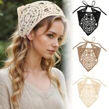 Women's Boho Crochet Headbands - Adjustable Non-Slip Scarf & Hair Bandana, Lightweight Hair Accessories With Bowknot Closure, Beige/Tan/Black/ Braids, Buns, Everyday & Formal Events - Bohemian Style Headwear, Hollow Crochet Design, Retro Hair Kerchief, Hand Wash Or Dry Clean, Casual & Formal Outfits (Black, Beige, Khaki, Brown) - 黑色 - 查看 4