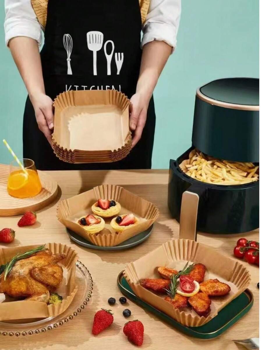20/50/100 pièces Feuilles de cuisson antiadhésives pour friteuse à air pris, épaisses, résistantes à l'huile et absorbantes pour la cuisson, le four, le rôtissage, le micro-ondes, de forme ronde, résistantes à haute température, papier sulfurisé alimentaire - Multicolore - Voir 1
