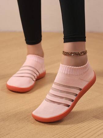 Women Breathable Knit Sock Shoes Lightweight Slip-On Striped Round Toe Low Top Flat Heel Casual Shoes Daily Walking Summer Pink Fabric Sock Sneakers