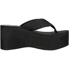 Sandalias de cuña para mujer, plataforma, con tiras, chanclas para Navidad - Negro - Ver 3