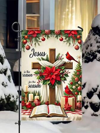 1面“耶稣是原因”圣诞花园旗，图案为冬季十字架、红鸟、一品红，节日装饰，尺寸12x18英寸，双面设计，适用于前廊、草坪、露台等季节性家居装饰，户外适用。