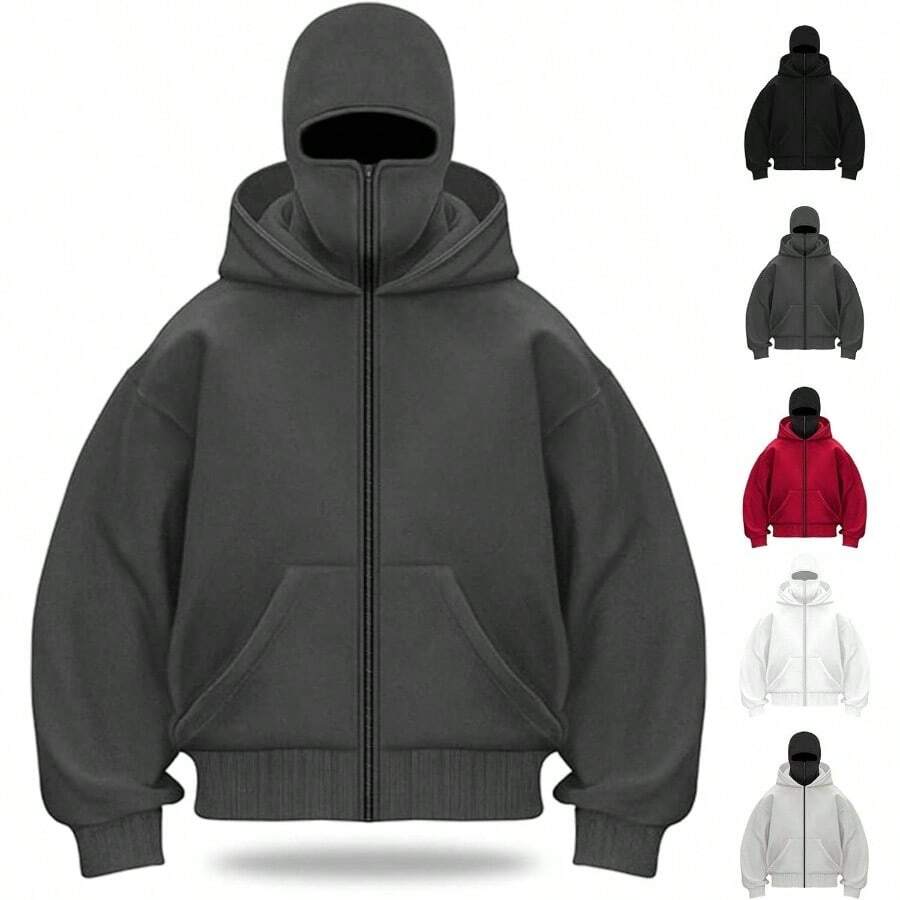 Balaclava Hoodie Zipper, Double Hooded Zip Wind - resistant Winter Hoodies Men, Pullover Hooded Sweatshirt - Gris + G - Ver 1