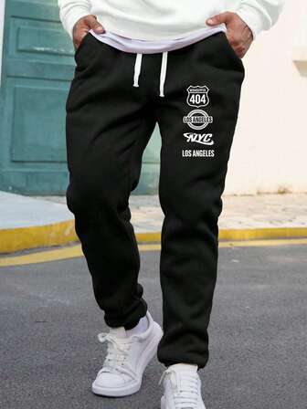 Plus Size Men's Black Jogger Pants, Brand Printed Sweatpants, Casual Street Style