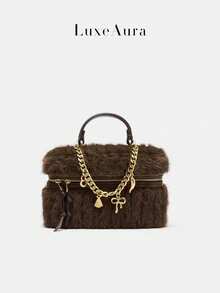 Fashionable Furry Chain Decor Lunch Box Bag, Vintage Casual Handbag Shoulder Crossbody Bag - Coffee Brown - View 1