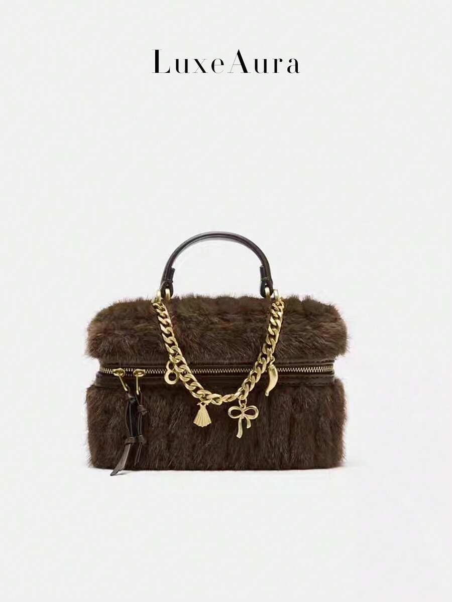 Fashionable Furry Chain Decor Lunch Box Bag, Vintage Casual Handbag Shoulder Crossbody Bag - Coffee Brown - View 1