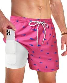 Bañador de hombre con forro de compresión, pantalón corto de baño de 5 pulgadas de entrepierna para hombres - Tiburón rosa - Ver 10