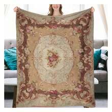 Antique Rose Floral French Aubusson Rug Flannel Fleece Throw Blankets 50"X40" Lightweight Fluffy Winter Fall Blanket Cozy Soft Fuzzy Plush Home Decor For Couch Bed Sofa Bedroom Living Room Travel 3D Printed Throw Blanket Easy To Carry For Travel Picnic - 彩色 - 查看 1