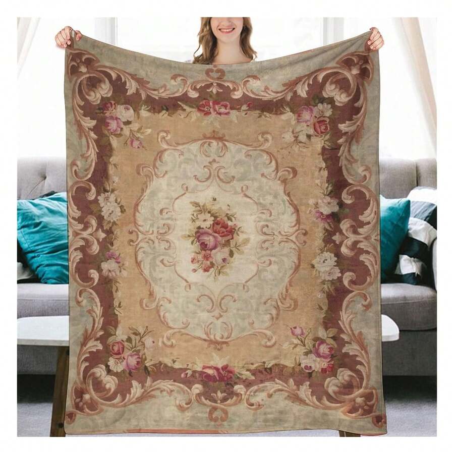 Antique Rose Floral French Aubusson Rug Flannel Fleece Throw Blankets 50"X40" Lightweight Fluffy Winter Fall Blanket Cozy Soft Fuzzy Plush Home Decor For Couch Bed Sofa Bedroom Living Room Travel 3D Printed Throw Blanket Easy To Carry For Travel Picnic - 彩色 - 查看 1