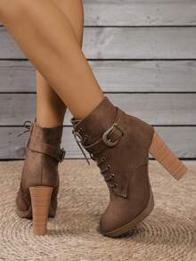 Go With Skirt,Brown High Heel Boots, Stylish Short Sleeve Women Ankle Boots With Double Buckle, Lace-Up High Heels For Women, Autumn/Winter,Boots For Women - Apricot - View 6