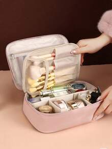 大容量双层PU皮革防水化妆包，多功能旅行收纳包，化妆品收纳袋，洗漱包，个人护理套装，居家旅行皆宜 - 粉色 - 查看 7