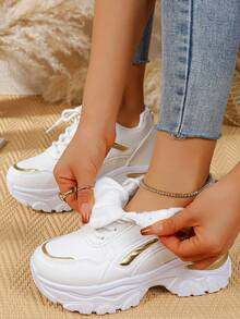 1 Pair White Winter Plush Warm Gold Striped Casual Sports Letter Criss-Cross Strap Women Platform Sneakers, Suitable For School, Vacation, Party, Office, Indoor/Outdoor, Thick Sole & Heel - White Gold - View 4