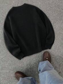 Men's Casual Solid Color Crew Neck Long Sleeve Sweater, Versatile For Spring And Autumn - Black - View 2