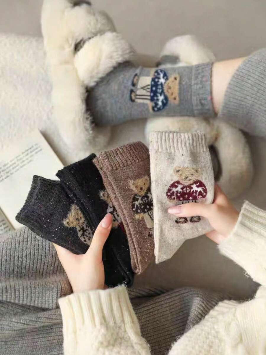 4双装女士加厚羊毛袜，可爱植绒小熊中筒袜，冬季保暖长筒袜，随机发货 - 彩色 - 查看 1