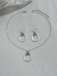 2pcs Vintage Textured Geometric Circle Jewelry Set For Women - Antique Silver - View 1