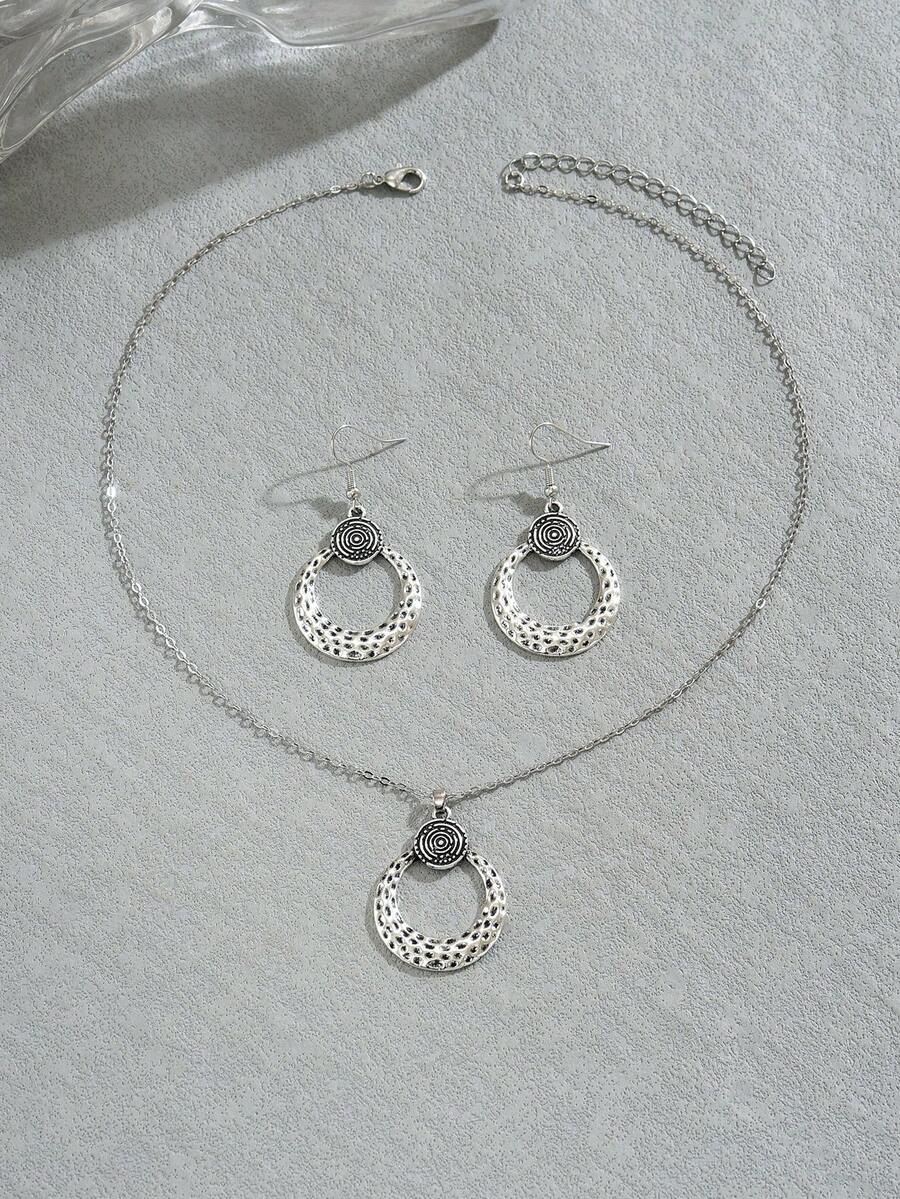 2pcs Vintage Textured Geometric Circle Jewelry Set For Women - Antique Silver - View 1