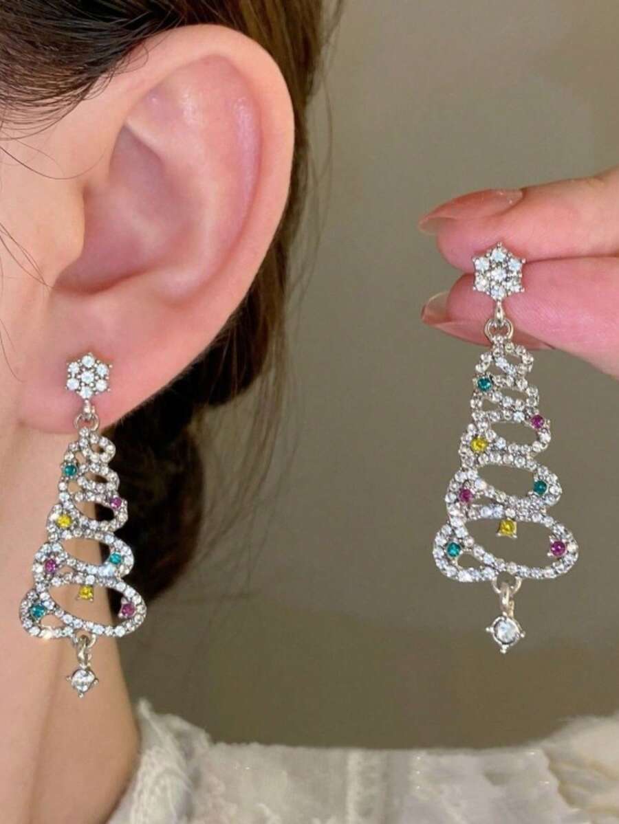 1 件圣诞树耳环 - 女士吊坠耳环，圣诞树耳环装饰礼物，适合送给她、返校、情人节礼物 - 銀白 - 查看 1