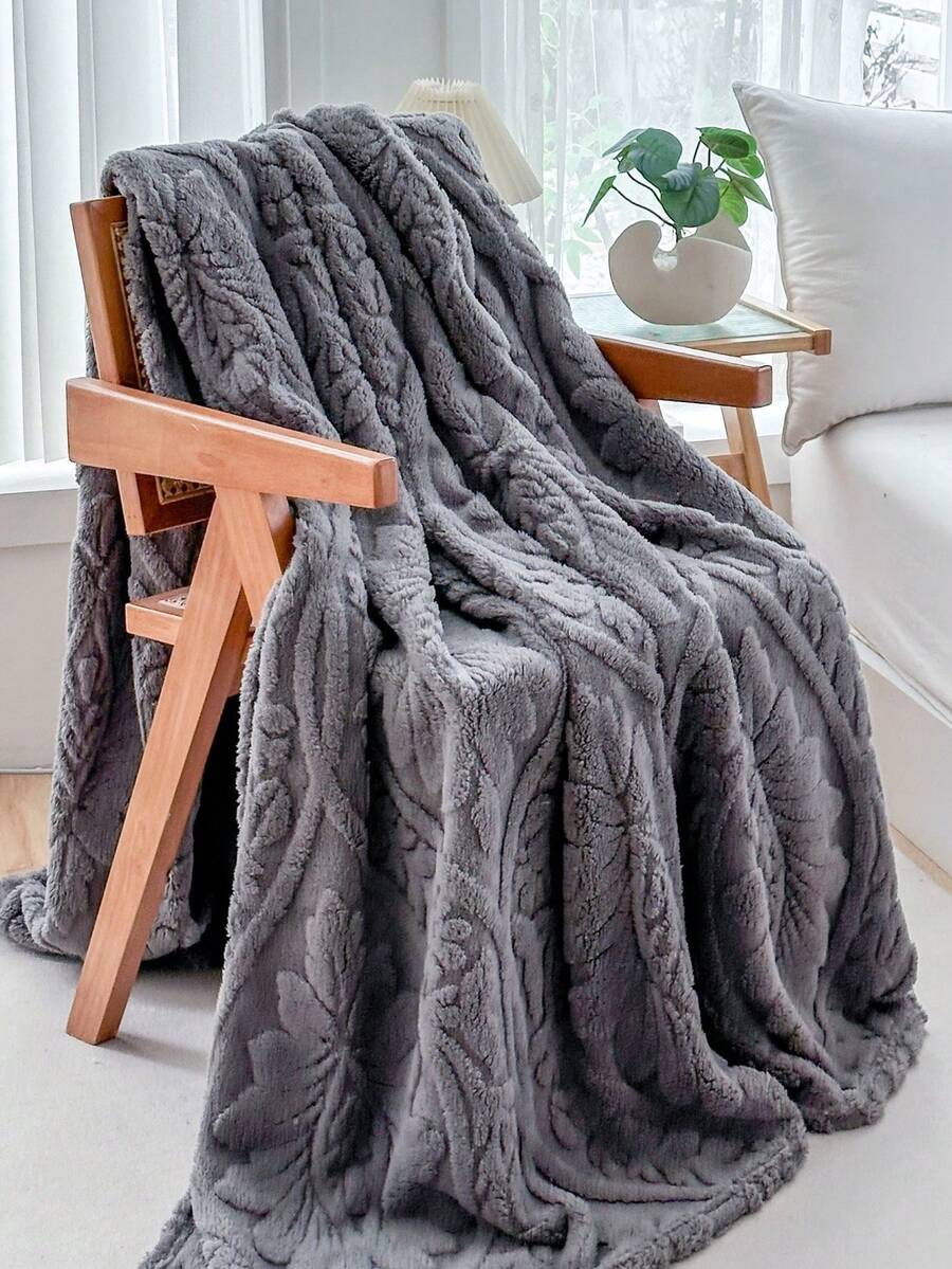 1pc Thickened Bohemian Style European Jacquard Faux Fur Fleece Blanket, Soft & Warm, Dual-Use As Bedding Or Shawl, Suitable For Living Room, Bedroom, Dorm, Office, Car, Travel, Picnic, Party, All Seasons - Dark Grey - View 1