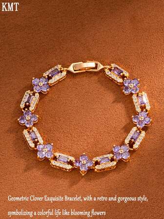 KMT 1件铜镶嵌立方氧化锆几何四叶草花卉优雅女士时尚手链，适合日常佩戴、约会和其他场合，可搭配奢华或复古风格的服装；也是送给喜欢花卉元素和追求精致配饰的人的绝佳礼物。
