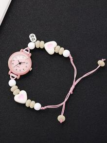 1件/套 可爱简约心形串珠手链手表，石英表，适合女性和学生，不含表盒 - 粉色 - 查看 1