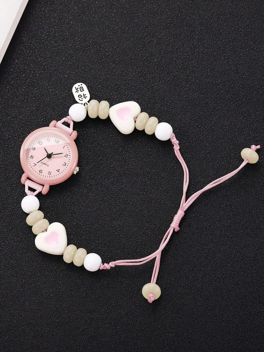 1件/套 可爱简约心形串珠手链手表，石英表，适合女性和学生，不含表盒 - 粉色 - 查看 1