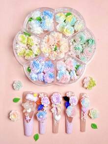 1盒树脂软花美甲饰品，3D渐变玫瑰山茶花绿叶白珍珠，美甲护理工具，镊子，笔，可爱美甲配件，DIY - 彩色 - 查看 3