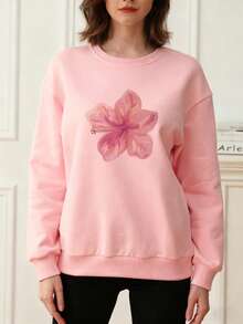 1pc Girls Casual Printed Pullover Crew Neck Sweatshirt, Student Wear, Long Sleeve, Autumn/Winter - Pink - View 2