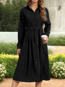 Damen elegantes einfarbiges Hemdkleid mit Umlegekragen, Knopfleiste und Bindegürtel, Herbst/Winter