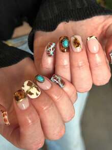 24 piezas de pegatinas de manicura acrílicas cuadradas cortas para otoño e invierno, estilo forestal con patrón de leche, turquesa con patrón de hilo dorado con azúcar y cacao, textura azul claro, estilo francés Y2K, uñas postizas reutilizables para uso diario, fiestas, regalos, con pegamento de gelatina, 1 lima, 1 pieza