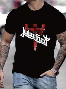 Summer BestsellersMan'S Summer New Arrival T-Shirt, The Logo Of The British Heavy Metal Band Judas Priest Printed, Strong Heavy Metal Style, Round Neck, Hot Selling Top Tee, Men'S Black Short-Sleeve T-Shirt Oversized Washed Look Men's T-Shirt Gamer Level Unlocked T Shirt Mens Graphic Tee Retro Horror Movie Shirt Men's T-Shirtsupple - 黑3 - 查看 1
