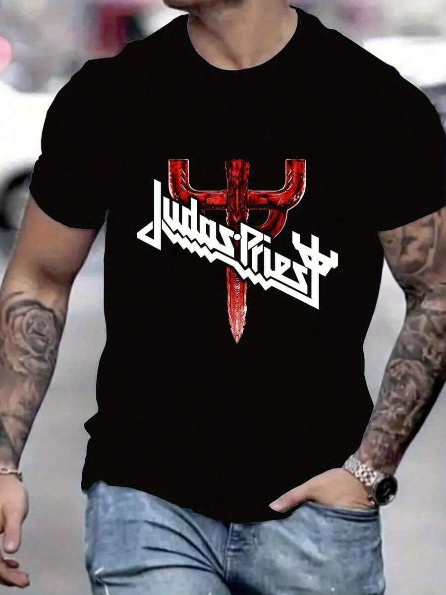 Summer BestsellersMan'S Summer New Arrival T-Shirt, The Logo Of The British Heavy Metal Band Judas Priest Printed, Strong Heavy Metal Style, Round Neck, Hot Selling Top Tee, Men'S Black Short-Sleeve T-Shirt Oversized Washed Look Men's T-Shirt Gamer Level Unlocked T Shirt Mens Graphic Tee Retro Horror Movie Shirt Men's T-Shirtsupple - 黑3 - 查看 1