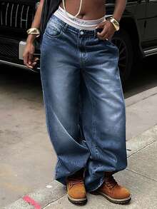 女士度假风 Y2K 水洗做旧阔腿牛仔裤，休闲春季款 - 中等水洗藍 - 查看 2