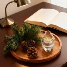 1 pieza Plato de madera de acacia, bandeja de servir redonda de madera para aperitivos, frutas, postres, vajilla rústica, accesorios de cocina y comedor, decoración de mesa - Multicolor - Ver 4