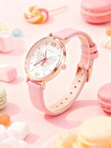 Set de 6 relojes de cuarzo con esfera redonda de estilo minimalista con diseño de corazón árabe y correa de cuero, talla grande un reloj de mariposa, adecuado para cumpleaños, Halloween y regalos - Rosa - Ver 5