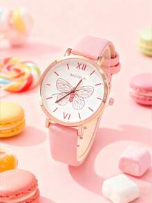 Set de 6 relojes de cuarzo con esfera redonda de estilo minimalista con diseño de corazón árabe y correa de cuero, talla grande un reloj de mariposa, adecuado para cumpleaños, Halloween y regalos - Rosa - Ver 4