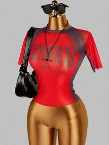Women's Vintage Print Mesh Cropped Top, Fashionable Street Style Casual - Burgundy - View 2