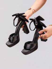 Giày sandal cao gót đen thắt nơ gợi cảm dành cho nữ, đế xuồng hở mũi, gót chunky, giày dự tiệc thời trang, phù hợp với trang phục mùa xuân hè. - màu đen - Xem 4