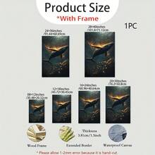 Arte de pared en lienzo enmarcado 2D plano - Pintura de ballena y ola del océano en dorado - Impresión de lienzo envuelta en borde de madera clásico - Póster listo para colgar para decoración de sala de estar, dormitorio, oficina - Idea de regalo de decoración costera - transparente - Ver 2