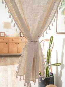 2pcs Linen Tassel Solid Color Retro Curtain, Rod Pocket Design, Suitable For Living Room And Bedroom - Sheer And Filtering Curtain (Tie Backs Not Included) - Multicolor - View 2