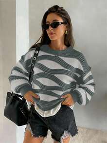 FOR BEAUTY 秋冬新款圆领波浪条纹撞色长袖针织衫，女士时尚宽松舒适多巴胺色灯笼袖套头毛衣，女士新年毛衣 - 碳灰 - 查看 3