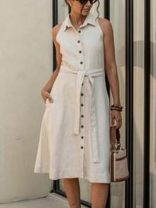 Vestido casual de mujer de manga media sin mangas con botones, vestido suelto y fluido tipo pareo de playa con bolsillos y cinturón, elegante para el verano - Albaricoque - Ver 2