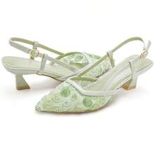 Close Toe Pump Shoes For Women Pointed Toe Slingback Flowers Floral Kitten Heels Sandals Dressy Heeled Sandals Wedding Bridal Dressy ShoesChristmas - 網狀綠色 - 查看 7